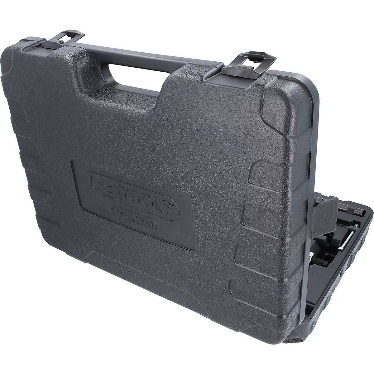 Schwarzer Werkzeugkoffer, teilweise geöffnet, mit KSTOOLS-Logo.